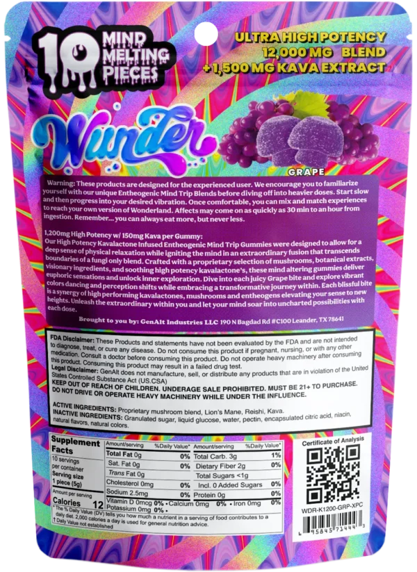 Wunder | Grape Mushroom Gummies with Kava | 1200mg Entheogenic Extract + 150mg Kava – 10ct - Image 2