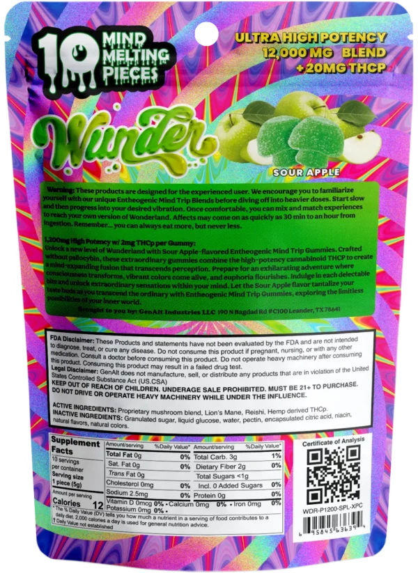 Wunder | Sour Apple Mushroom Gummies with THCp | 1200mg Entheogenic Extract + 2mg THCp – 10ct - Image 2