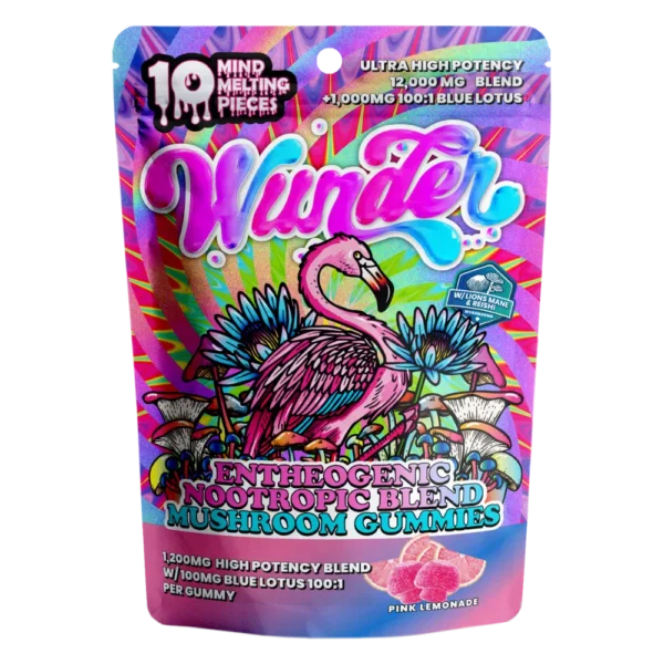 Wunder | Pink Lemonade Mushroom Gummies with Blue Lotus | 1200mg Entheogenic Extract + 100mg Blue Lotus – 10ct