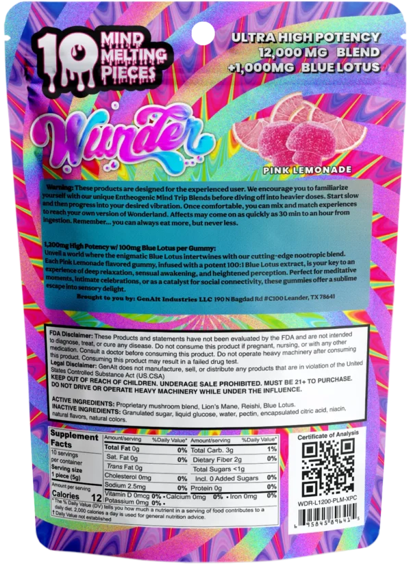 Wunder | Pink Lemonade Mushroom Gummies with Blue Lotus | 1200mg Entheogenic Extract + 100mg Blue Lotus – 10ct - Image 2