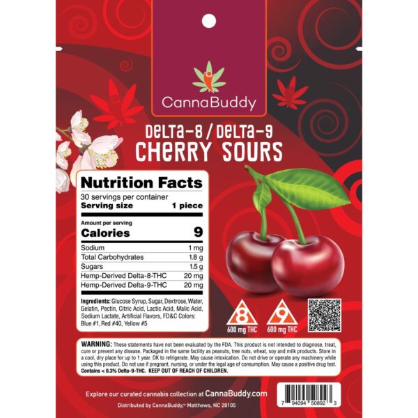 CannaBuddy Delta-8 / Delta-9 Cherry Sours (600 mg Total THC) – A Deliciously Potent THC Experience - Image 2
