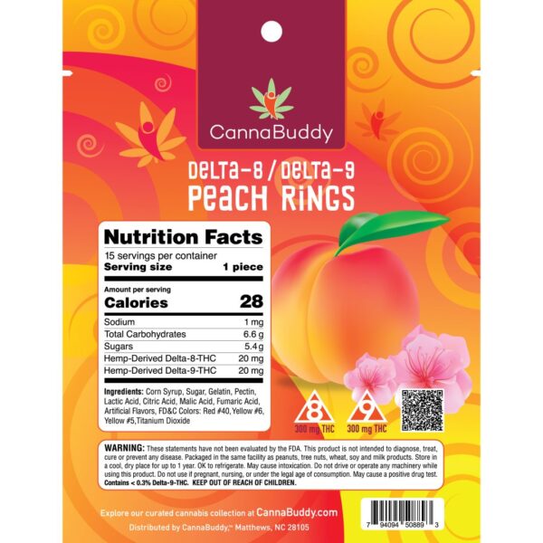 CannaBuddy Delta-8 / Delta-9 Peach Rings (300 mg Total Delta-8-THC + 300 mg Total Delta-9-THC) - Image 2