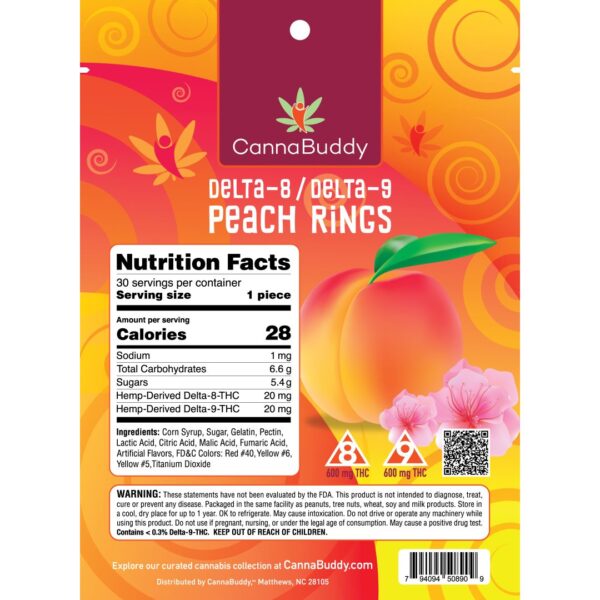 CannaBuddy Delta-8 / Delta-9 Peach Rings (600 mg Total Delta-8-THC + 600 mg Total Delta-9-THC) - Image 2