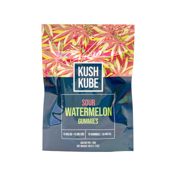 Kush Kube Delta-9 + CBD Gummies – Sour Watermelon: A Zesty, Balanced Fusion of Euphoria and Calm - Image 2